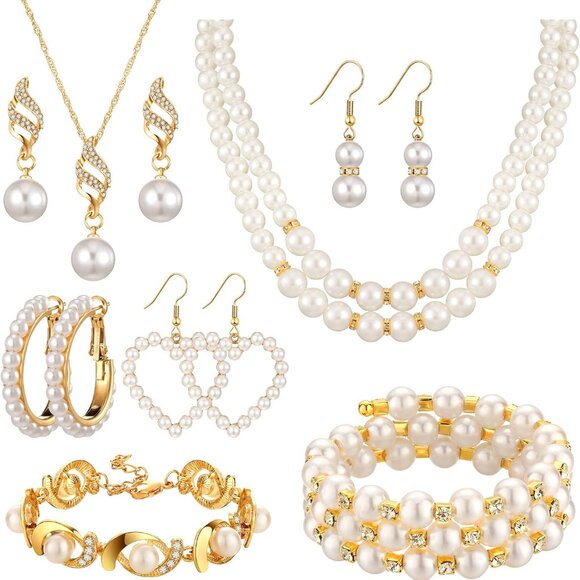 Jewelry - Bridal 8-Pc Pearl Rhinestone Jewelry Set - Ideal for Weddings & Celebrations
